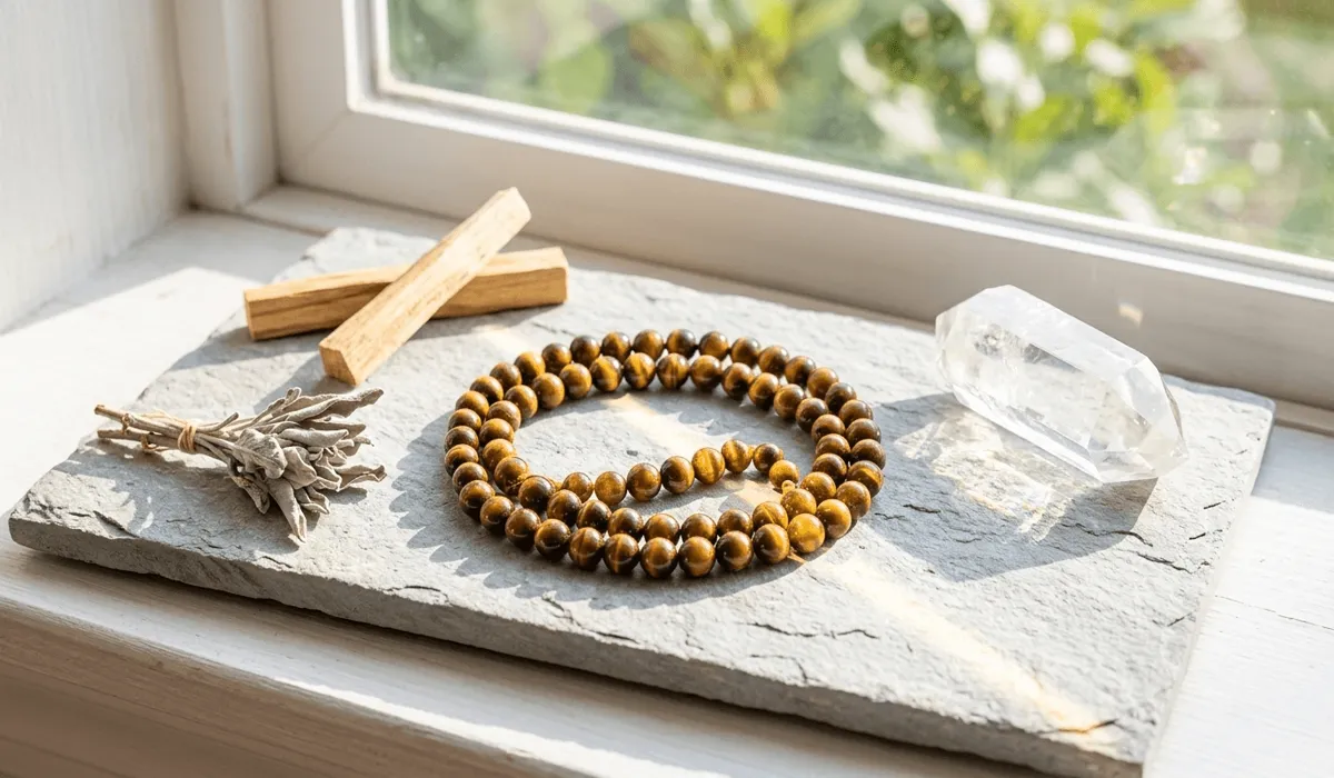 Tiger Eye Mala Beads: Meaning, Benefits, and Spiritual Significance 4 - Buddha Bodhis Charging Tiger Eye mala beads in direct sunlight to cleanse energy and restore spiritual vitality.