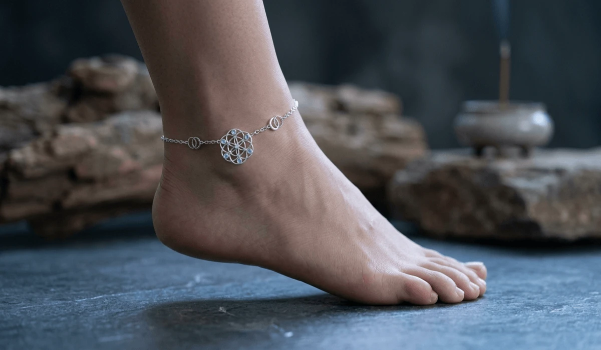 The Spiritual Significance and Meaning of Wearing an Anklet on the Left Leg - Buddha Bodhis A silver spiritual anklet on the left leg symbolizing the receptive Yin energy and lunar connection.