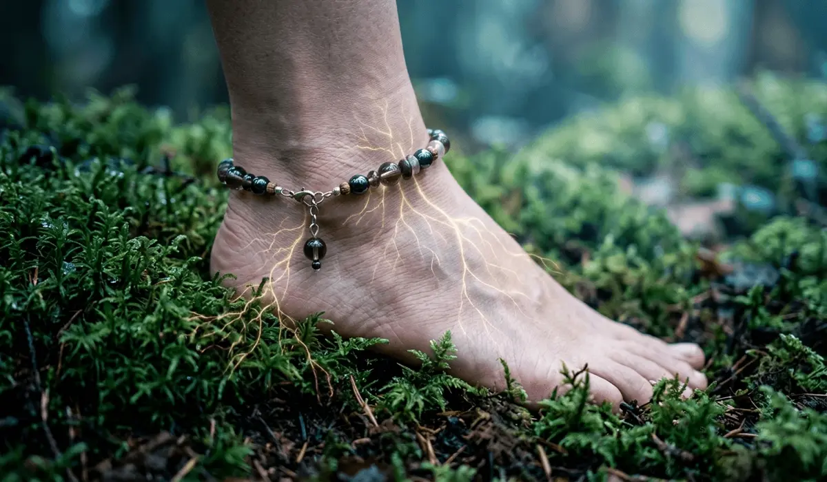 The Spiritual Significance and Meaning of Wearing an Anklet on the Left Leg 1 - Buddha Bodhis A grounding anklet on the left ankle with healing stones connecting to earth energy and the root chakra.