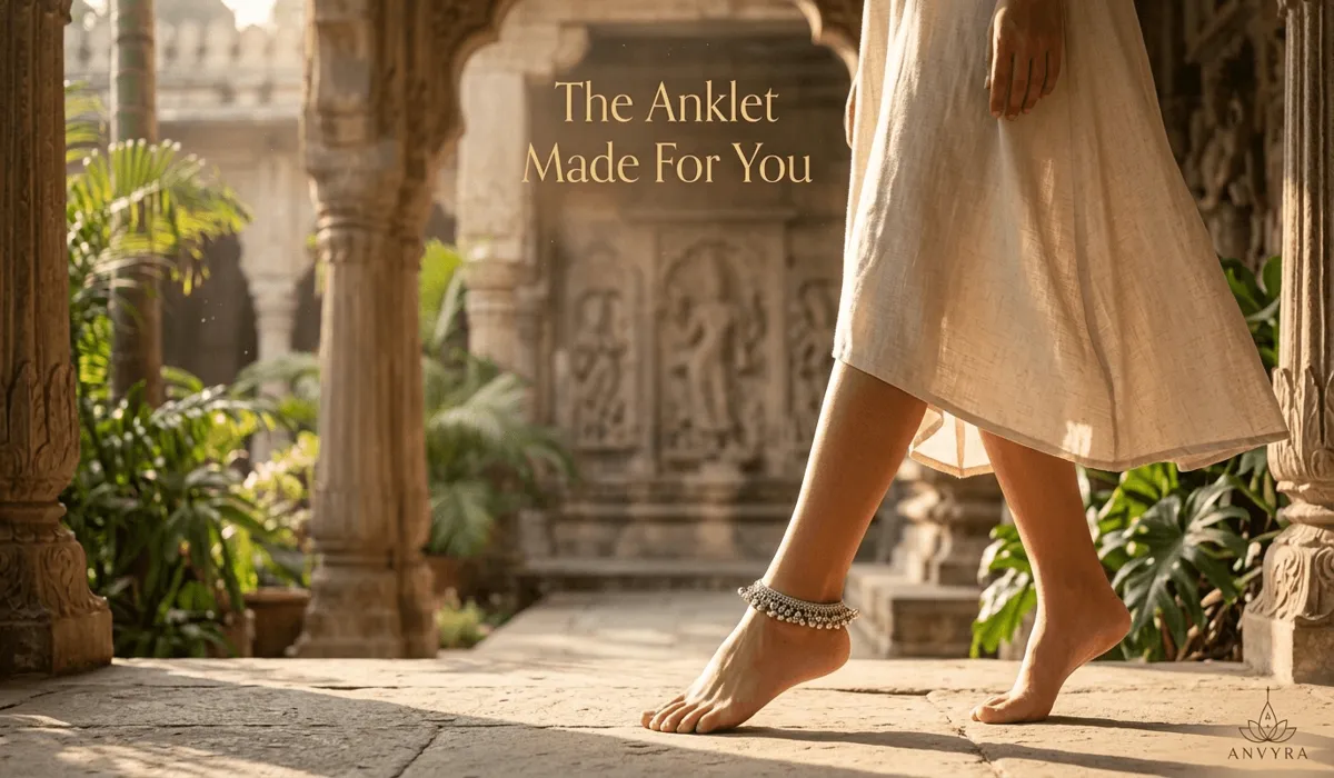 The Spiritual Significance and Meaning of Wearing an Anklet on the Left Leg 3 - Buddha Bodhis A woman wearing a traditional left-leg anklet for spiritual protection and mindful walking meditation.