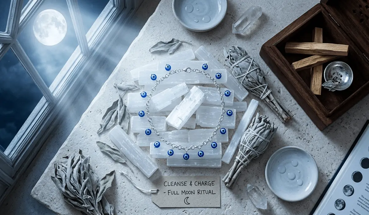 The Spiritual Significance and Meaning of Wearing an Anklet on the Left Leg 4 - Buddha Bodhis A spiritual evil eye anklet being cleansed and charged on crystals under moonlight to restore its protective vibration.