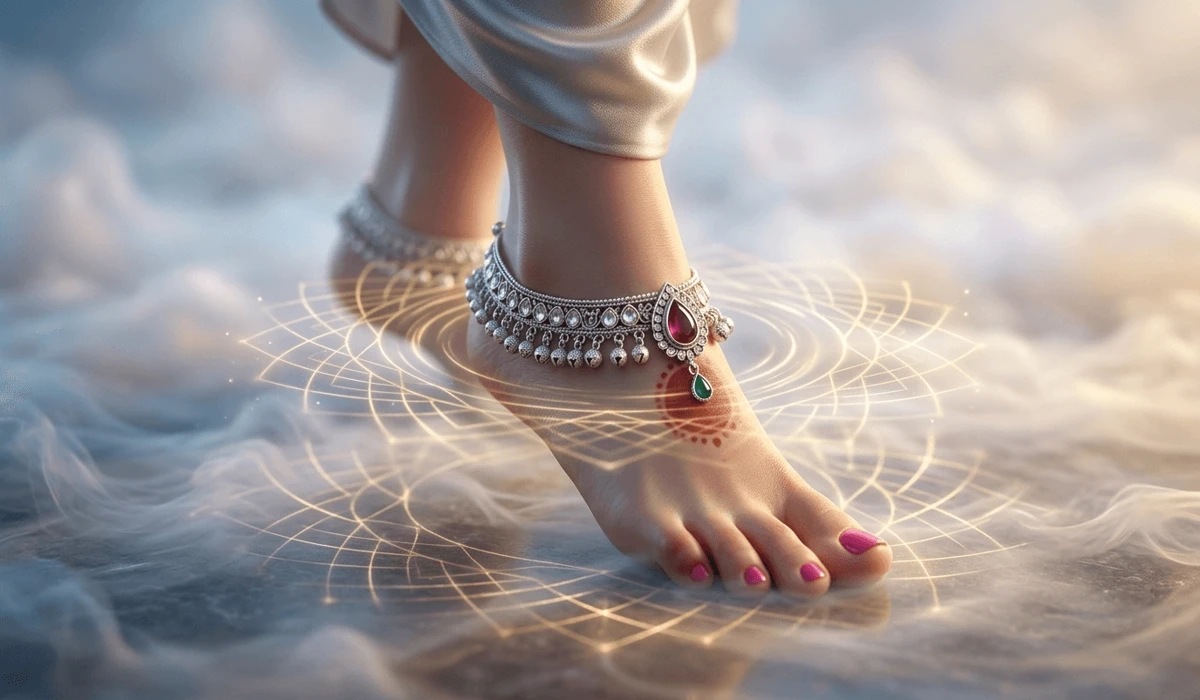 The Spiritual Meaning and Protective Power of Bells on Anklets - Buddha Bodhis A silver bell anklet on a foot emitting golden sound vibrations representing spiritual protection and warding off negative spirits.