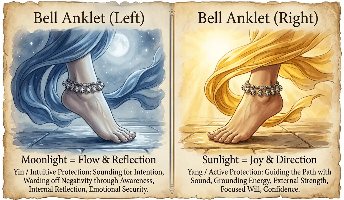 The Spiritual Meaning and Protective Power of Bells on Anklets 2 - Buddha Bodhis Visual representation of wearing bell anklets on the left vs right ankle for Yin and Yang energy balance.