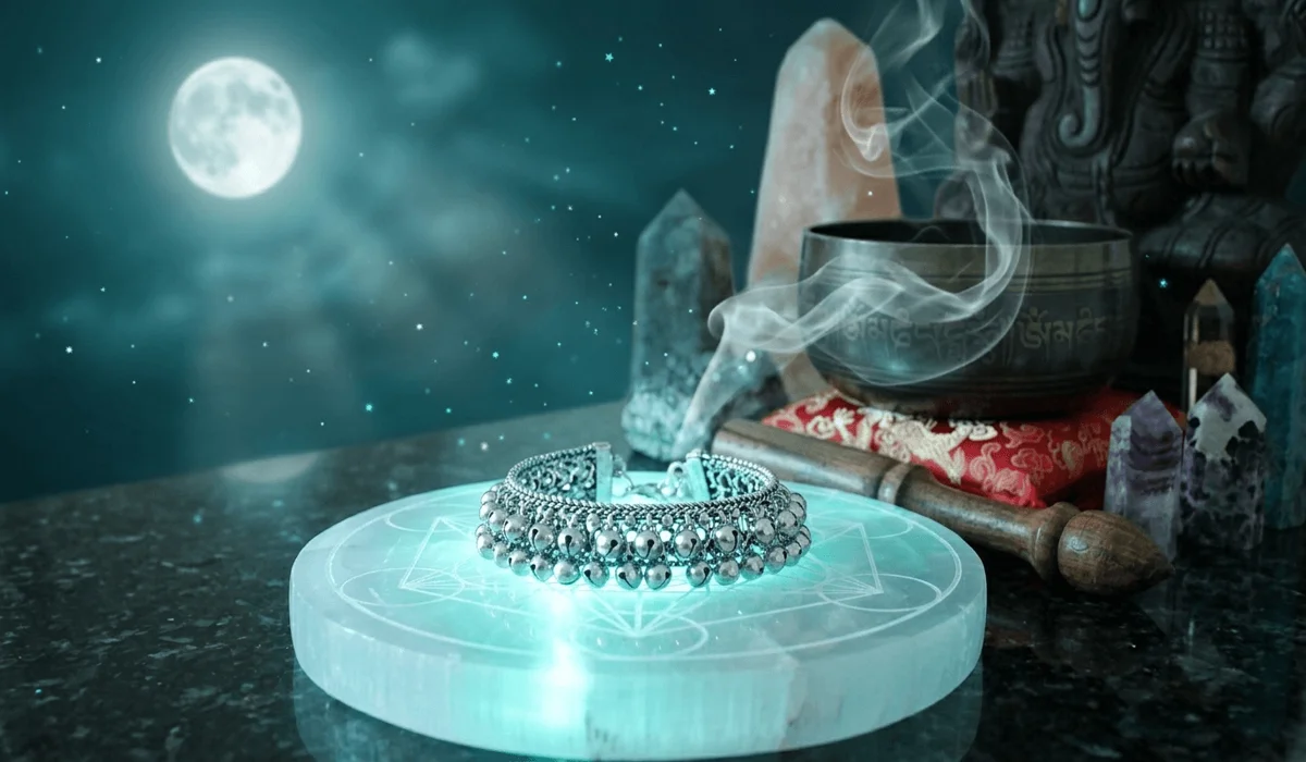 The Spiritual Meaning and Protective Power of Bells on Anklets 4 - Buddha Bodhis A bell anklet being cleansed on a Selenite crystal plate under moonlight alongside a Tibetan singing bowl.