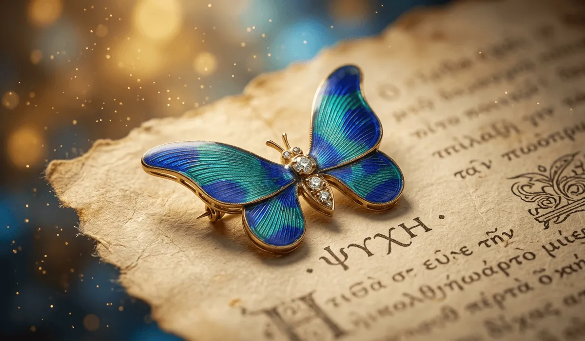 The Spiritual Meaning of a Butterfly Brooch: A Symbol of Soul Transformation - Buddha Bodhis An intricate gold and iridescent blue enamel butterfly brooch representing the spiritual concept of the soul and metamorphosis.