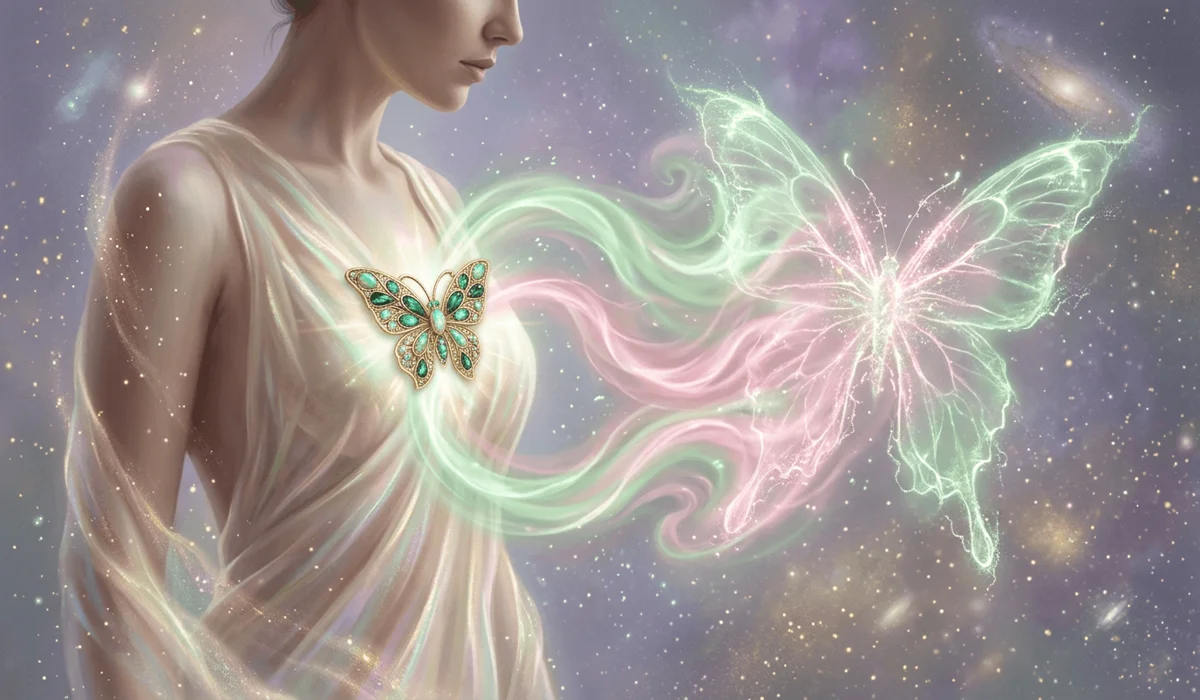 The Spiritual Meaning of a Butterfly Brooch: A Symbol of Soul Transformation 1 - Buddha Bodhis A glowing butterfly brooch pinned over the heart chakra symbolizing spiritual awakening and energetic transformation.