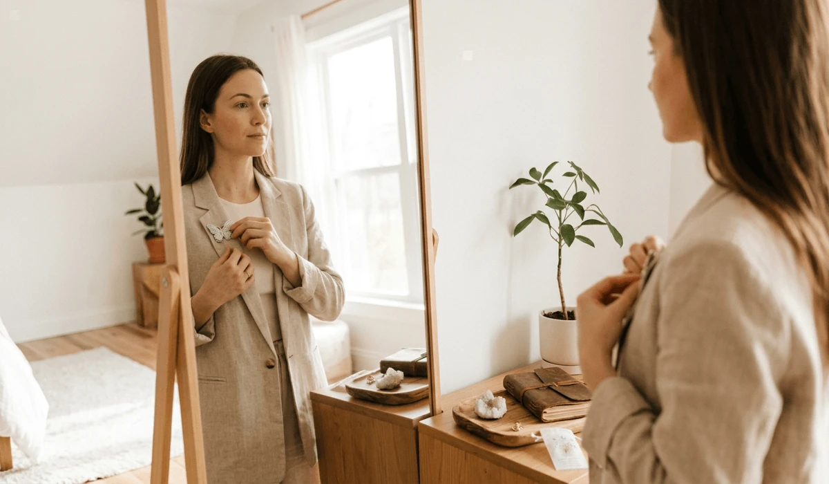 The Spiritual Meaning of a Butterfly Brooch: A Symbol of Soul Transformation 3 - Buddha Bodhis A woman pinning a butterfly brooch to her left lapel as a spiritual practice for self-love and internal healing.