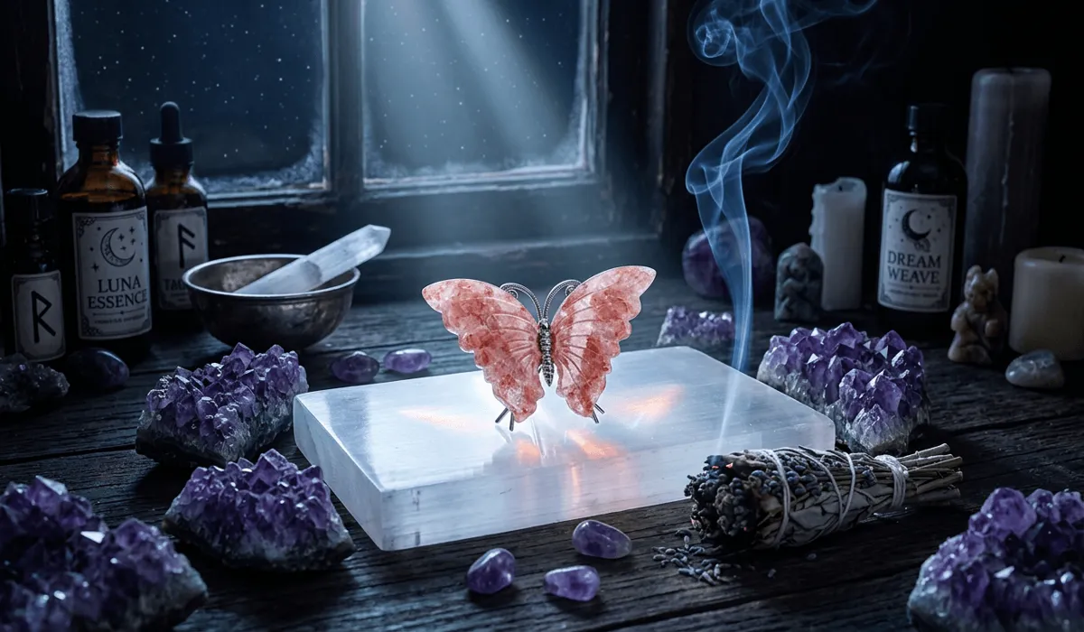 The Spiritual Meaning of a Butterfly Brooch: A Symbol of Soul Transformation 4 - Buddha Bodhis A butterfly brooch being cleansed and charged with moonlight and crystals on a sacred altar.