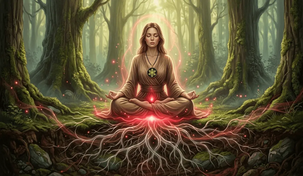 Black Tourmaline Pendant: Spiritual Meaning, EMF Protection, and Healing Benefits 1 - Buddha Bodhis Spiritual illustration of Black Tourmaline pendant helping with Root Chakra alignment and grounding energy.