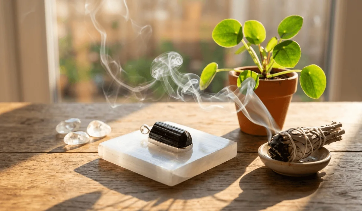 Black Tourmaline Pendant: Spiritual Meaning, EMF Protection, and Healing Benefits 4 - Buddha Bodhis Cleansing a Black Tourmaline pendant using sage smoke and a Selenite charging plate to reset its vibrational harmony.