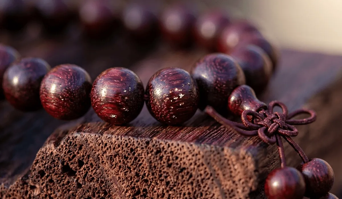The Spiritual Significance and Benefits of Wearing Small Leaf Red Sandalwood - Buddha Bodhis Macro shot of Small Leaf Red Sandalwood Zitan beads showing gold star mineral deposits and deep crimson grain.