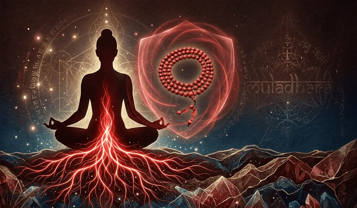 The Spiritual Significance and Benefits of Wearing Small Leaf Red Sandalwood 3 - Buddha Bodhis Conceptual art of Root Chakra alignment and grounding energy associated with wearing Red Sandalwood.