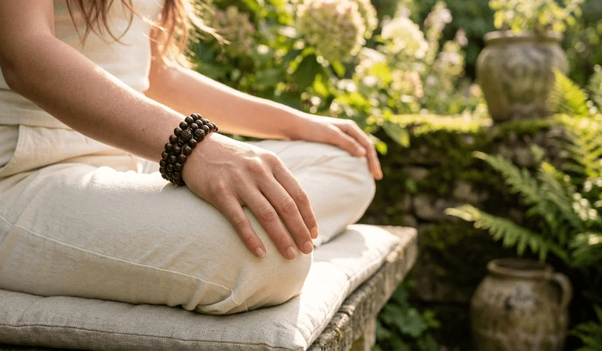 The Spiritual Significance and Benefits of Wearing Small Leaf Red Sandalwood 4 - Buddha Bodhis Close-up of a Red Sandalwood bracelet worn on the left hand for emotional balance and spiritual protection.