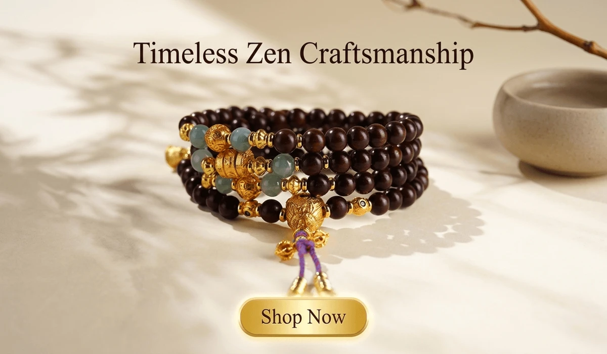 The Spiritual Significance and Benefits of Wearing Small Leaf Red Sandalwood 5 - Buddha Bodhis Handcrafted Red Sandalwood and Jadeite multi-wrap bracelet with gold charms on a Zen-style background.
