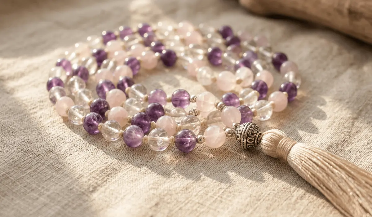 The Spiritual Benefits of Wearing a Gemstone Mala Daily - Buddha Bodhis Authentic 108 gemstone mala necklace featuring natural quartz beads and silk tassel resting on soft linen fabric under gentle sunlight.