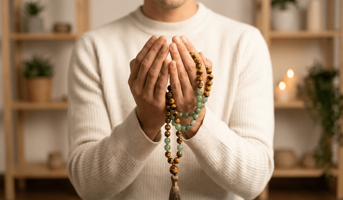 The Spiritual Benefits of Wearing a Gemstone Mala Daily 1 - Buddha Bodhis Person holding a natural tiger's eye gemstone mala between palms near chest for mindfulness and intention setting.