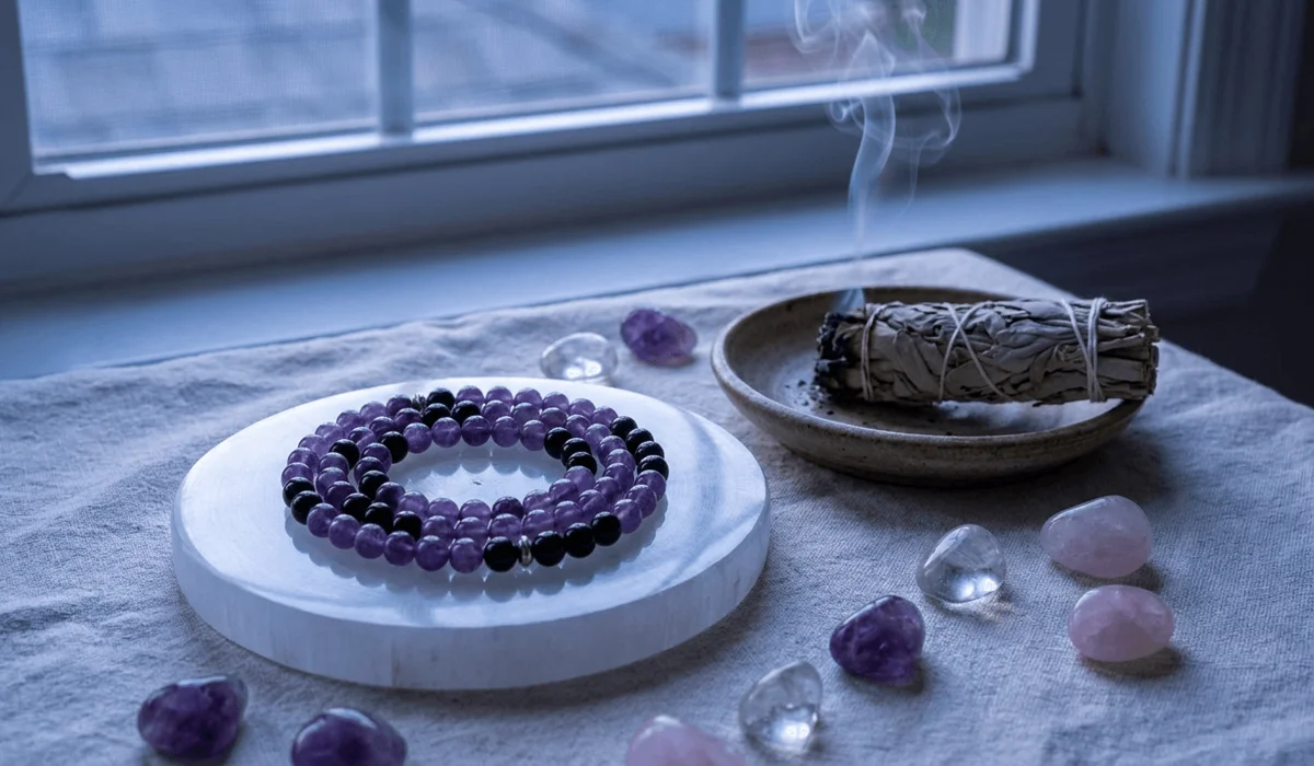 The Spiritual Benefits of Wearing a Gemstone Mala Daily 4 - Buddha Bodhis Amethyst gemstone mala resting on a selenite charging plate with sage smoke for spiritual cleansing and energy recharging.