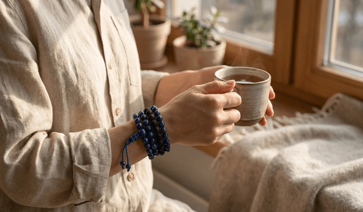 The Spiritual Benefits of Wearing a Gemstone Mala Daily 2 - Buddha Bodhis Lapis lazuli gemstone mala wrapped around left wrist as a stylish daily mindfulness accessory.