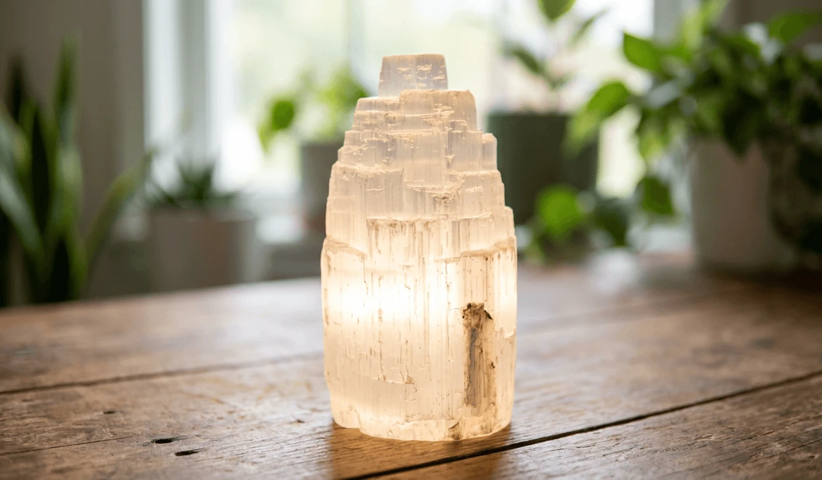 Selenite Lamp Benefits: How to Purify Your Space and Energy - Buddha Bodhis Close-up view of a hand-carved natural selenite tower lamp showcasing satin spar crystal striations and mineral texture.
