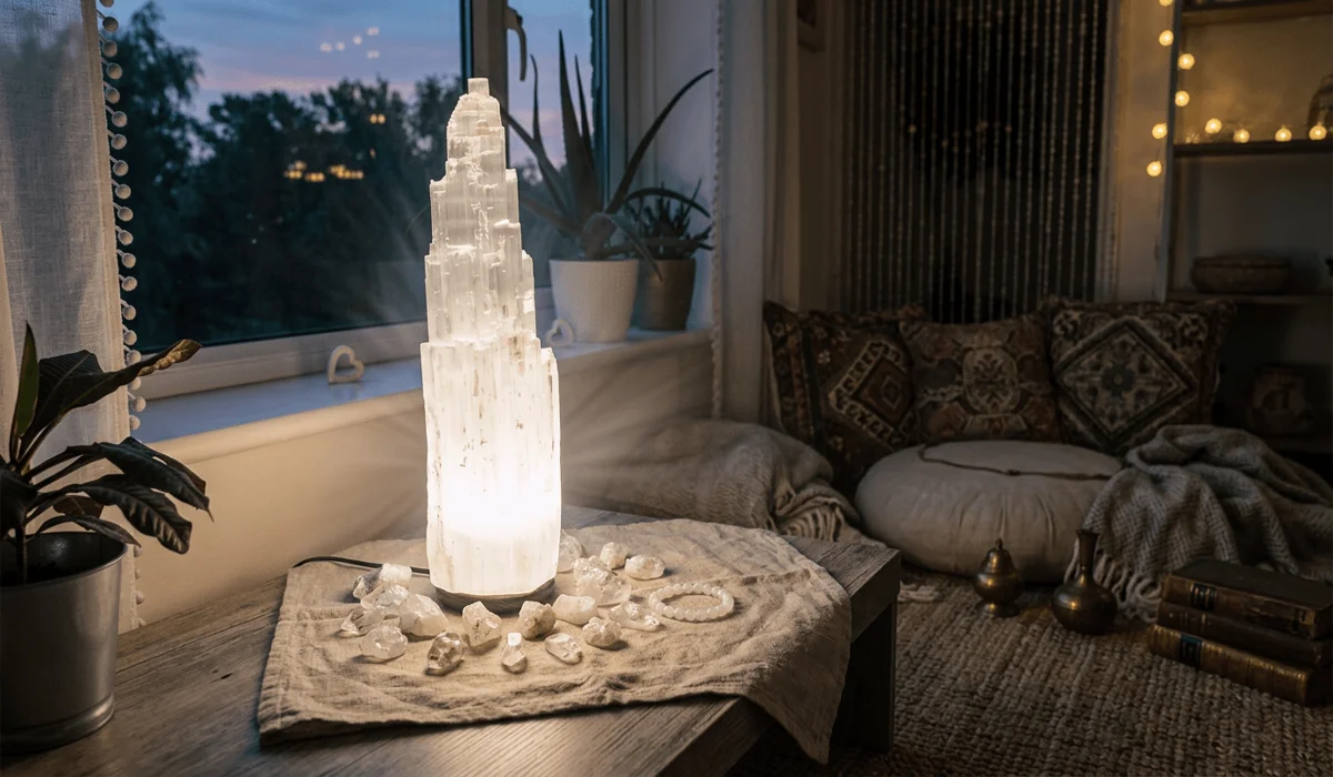 Selenite Lamp Benefits: How to Purify Your Space and Energy 3 - Buddha Bodhis An illuminated selenite tower lamp casting a soft white glow with crystal bracelets resting at its base in a cozy meditation space.