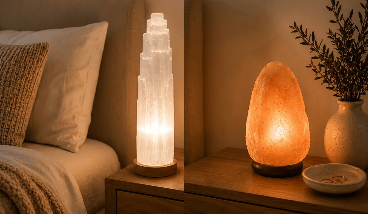 Selenite Lamp Benefits: How to Purify Your Space and Energy 5 - Buddha Bodhis Visual comparison showing a white glowing selenite tower lamp alongside a warm amber Himalayan salt lamp on a bedside table.