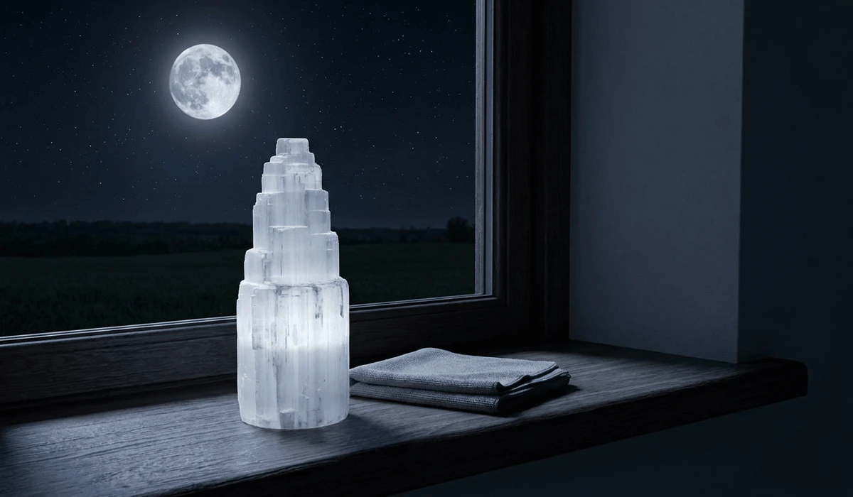 Selenite Lamp Benefits: How to Purify Your Space and Energy 6 - Buddha Bodhis A selenite tower lamp placed on a bedroom windowsill charging under full moonlight.