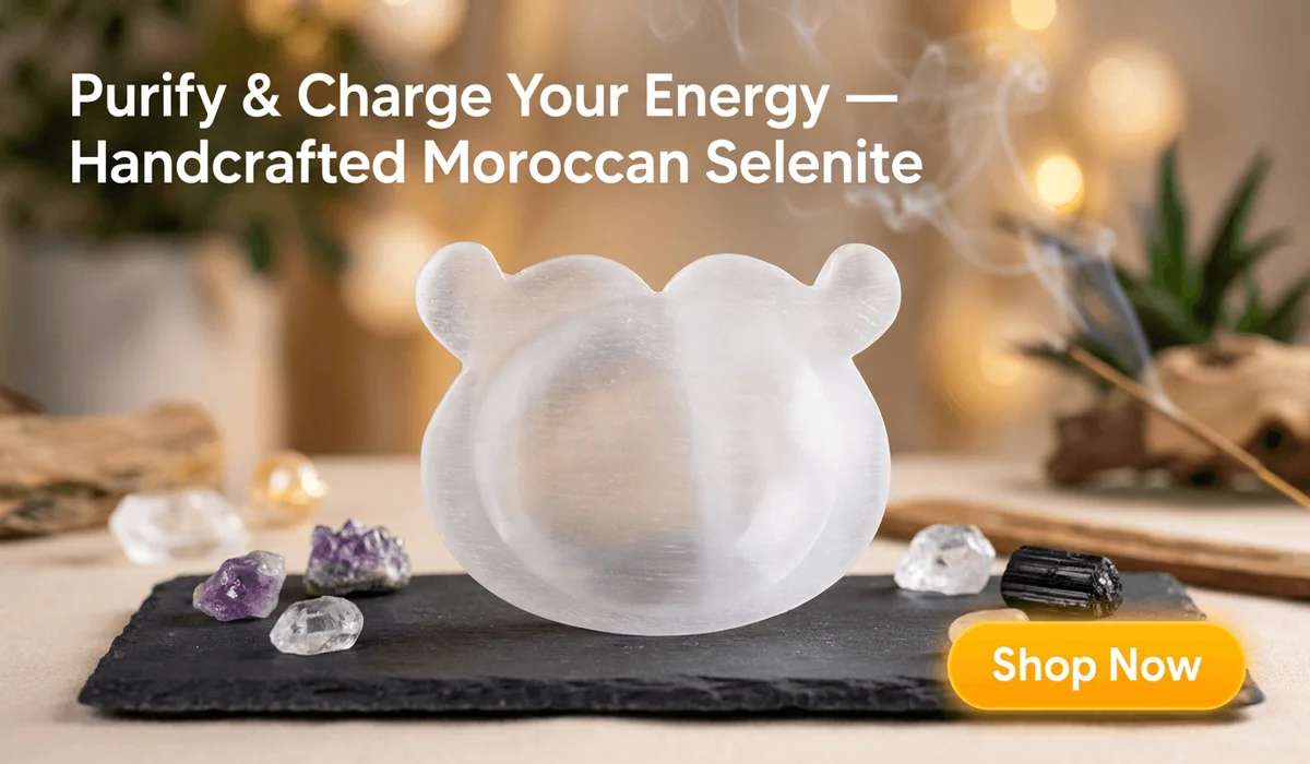 Selenite Lamp Benefits: How to Purify Your Space and Energy 4 - Buddha Bodhis Natural Moroccan Selenite Ox Bowl and Crystal Cleansing Charging Plate displayed on a modern holistic wellness blog banner with Shop Now button