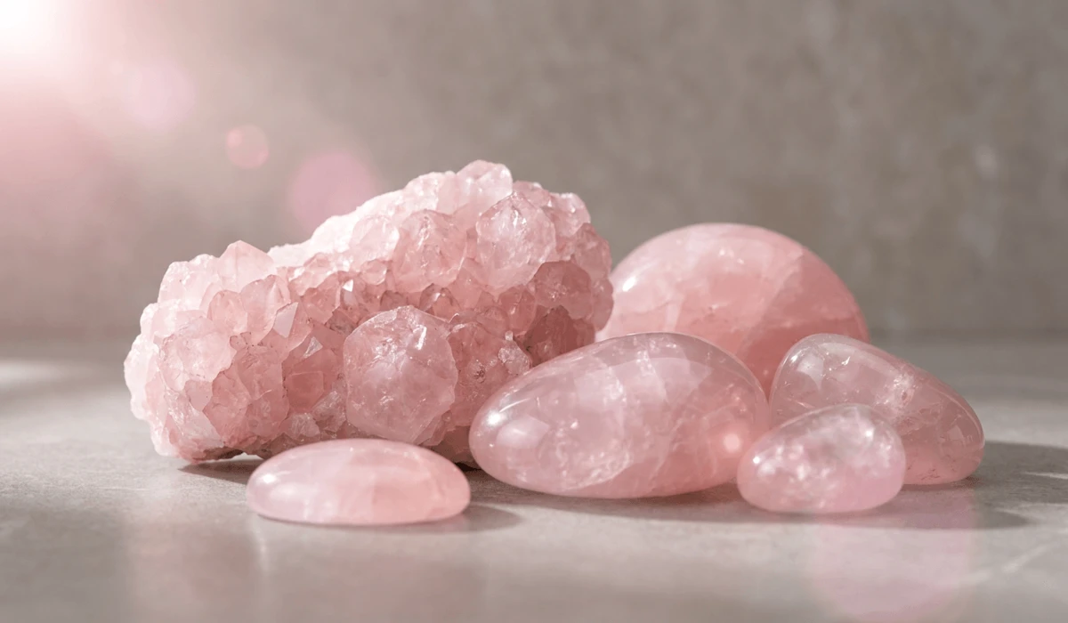 How Rose Quartz Nurtures Self-Love and Deepens Relationships - Buddha Bodhis Natural raw and polished rose quartz crystals displaying soft translucent pink hues and gentle luster.