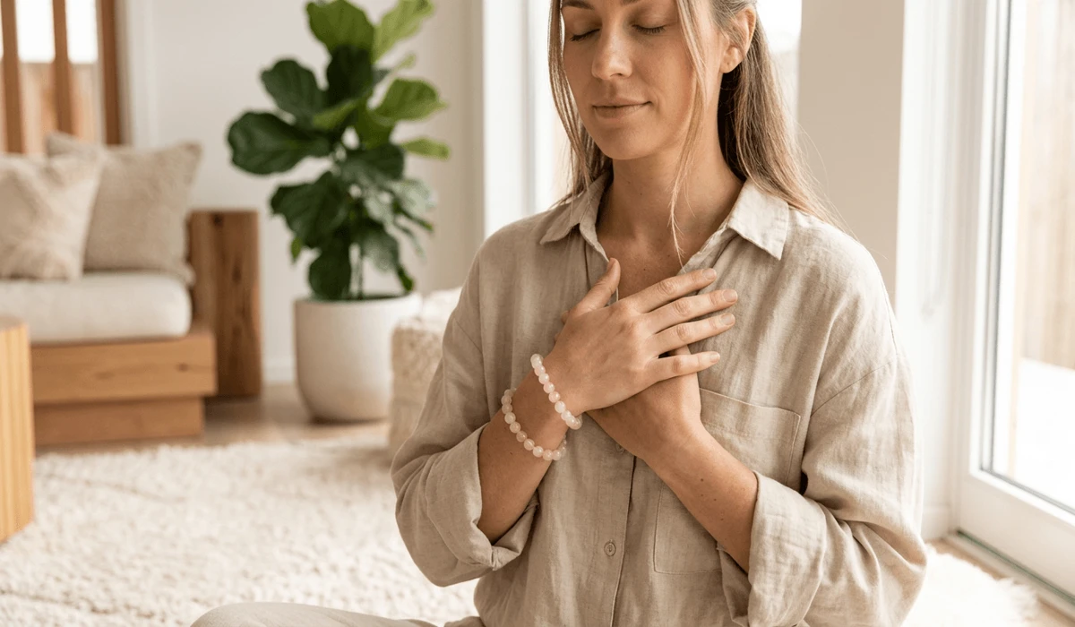 How Rose Quartz Nurtures Self-Love and Deepens Relationships 1 - Buddha Bodhis A woman wearing a rose quartz bead bracelet on her left wrist held near her heart for self-love.