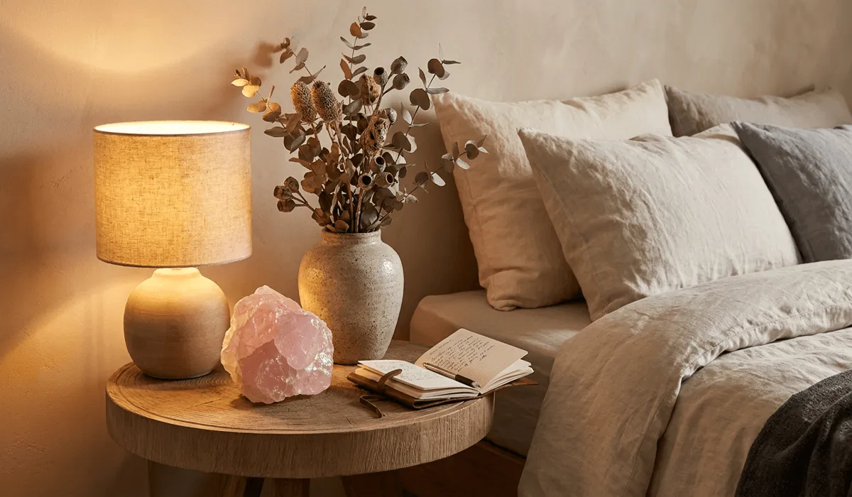 How Rose Quartz Nurtures Self-Love and Deepens Relationships 3 - Buddha Bodhis Polished rose quartz stone placed on a bedside table to enhance bedroom romance and relationship harmony.
