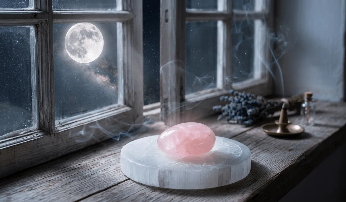How Rose Quartz Nurtures Self-Love and Deepens Relationships 4 - Buddha Bodhis Rose quartz palm stone resting on a selenite charging plate being cleansed under full moonlight.