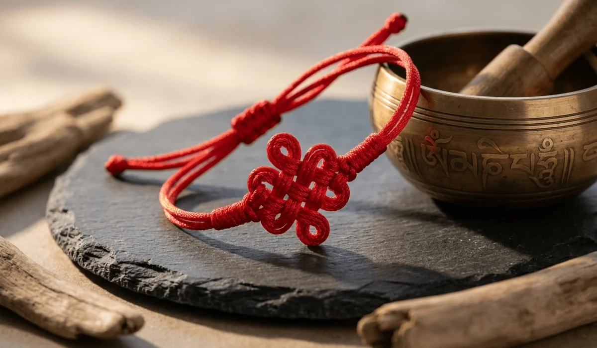 The Spiritual Meaning and Benefits of the Red String Endless Knot Bracelet - Buddha Bodhis Macro view of a vibrant red string endless knot bracelet symbolizing eternal wisdom and protection resting on slate stone next to a singing bowl.