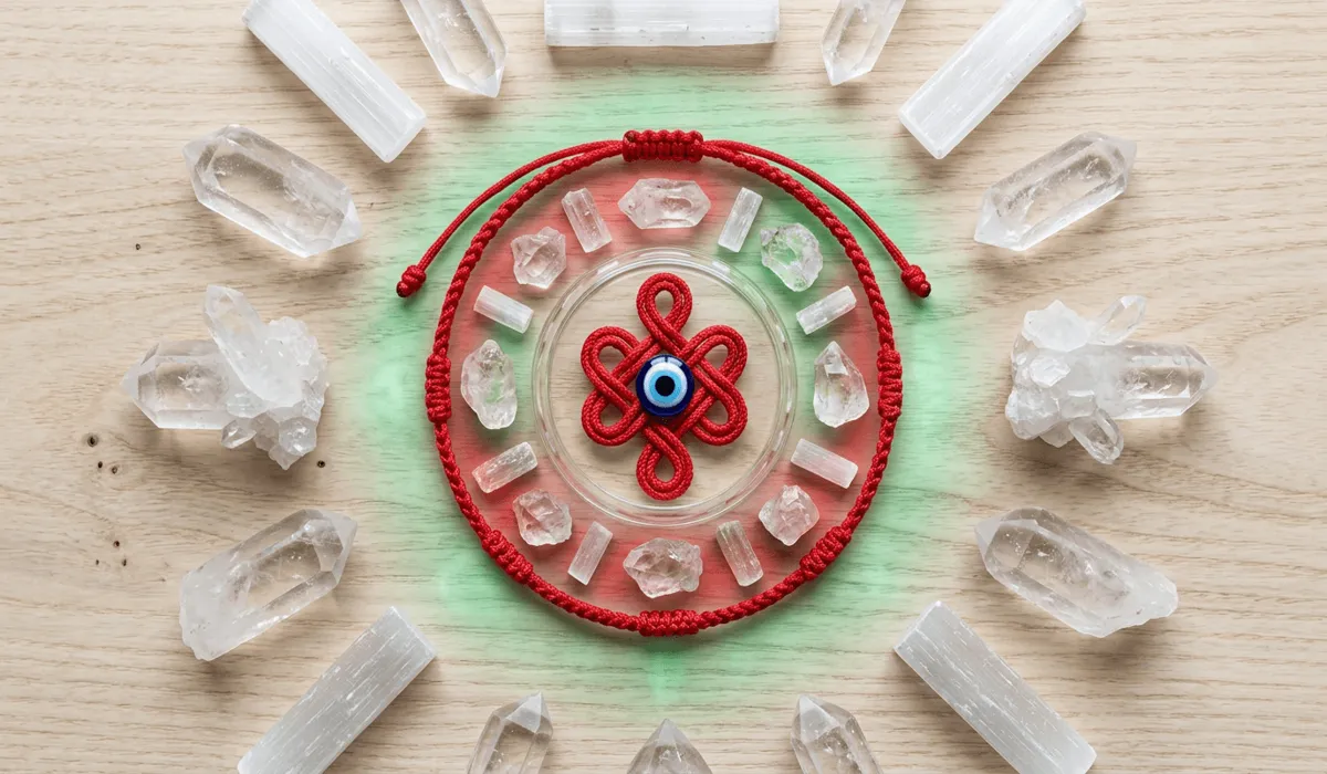 The Spiritual Meaning and Benefits of the Red String Endless Knot Bracelet 5 - Buddha Bodhis A red string endless knot bracelet surrounded by clear quartz and selenite crystals illustrating root chakra grounding and spiritual energy alignment.
