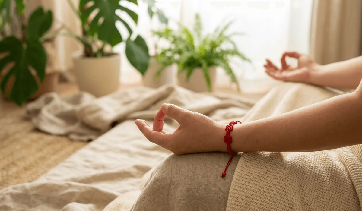 The Spiritual Meaning and Benefits of the Red String Endless Knot Bracelet 1 - Buddha Bodhis A woman wearing a sacred red string endless knot bracelet on her left wrist while meditating in a quiet, peaceful setting.