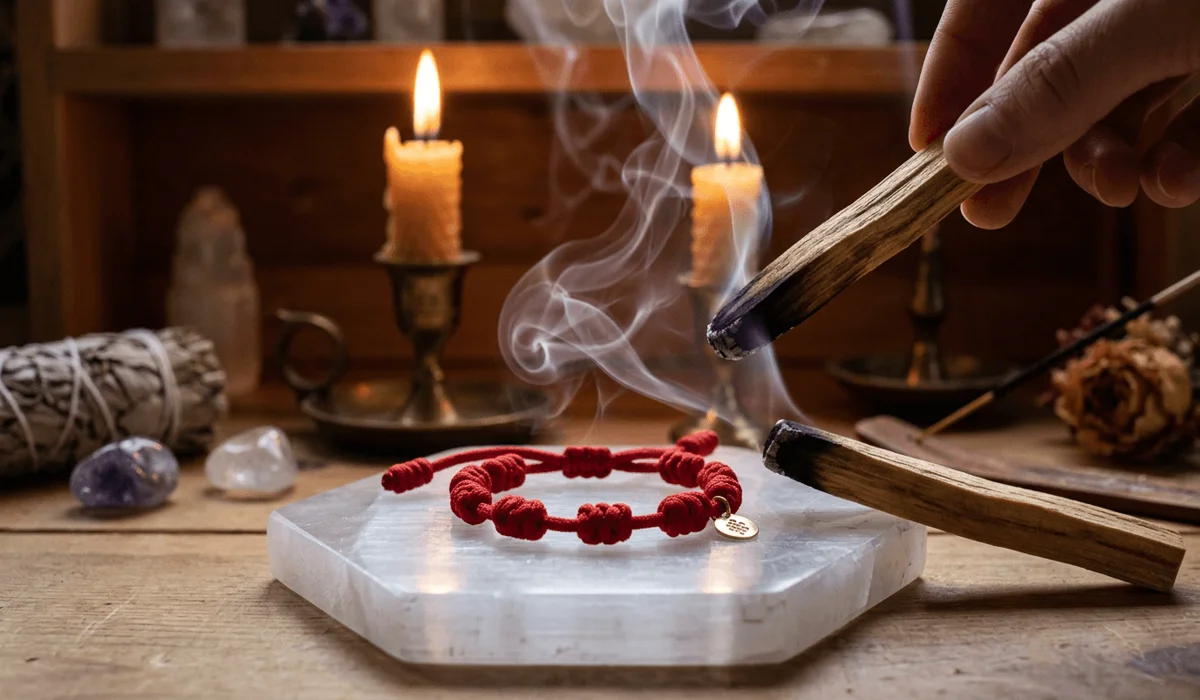 The Spiritual Meaning and Benefits of the Red String Endless Knot Bracelet 6 - Buddha Bodhis Cleansing a red string endless knot bracelet with burning Palo Santo smoke on a selenite charging plate to reset its energetic protection.