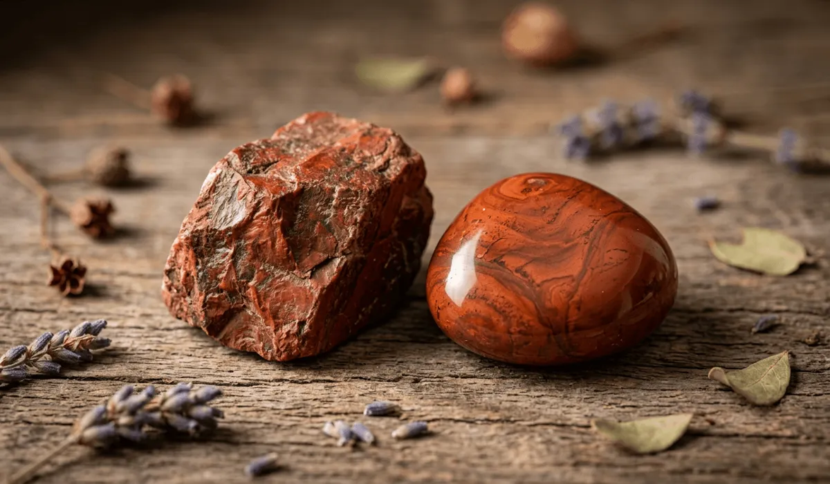 Red Jasper Crystal: Meaning, Spiritual Benefits, and Grounding Properties - Buddha Bodhis Natural raw and polished red jasper stones showing rich brick-red color and mineral patterns.