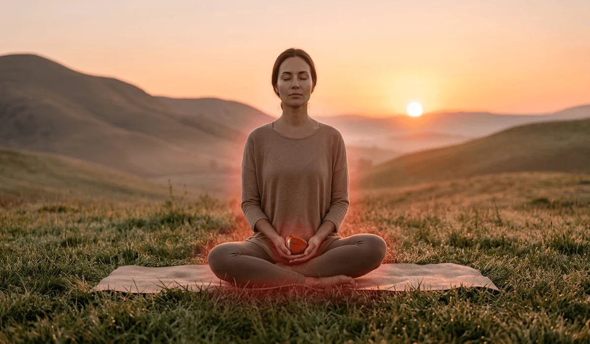 Red Jasper Crystal: Meaning, Spiritual Benefits, and Grounding Properties 2 - Buddha Bodhis Person meditating outdoors with a red jasper crystal for root chakra grounding and earth energy connection.