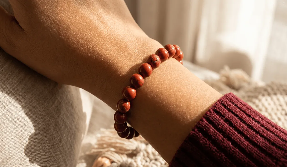 Red Jasper Crystal: Meaning, Spiritual Benefits, and Grounding Properties 3 - Buddha Bodhis A person wearing a handcrafted red jasper beaded bracelet on their wrist in soft sunlight.
