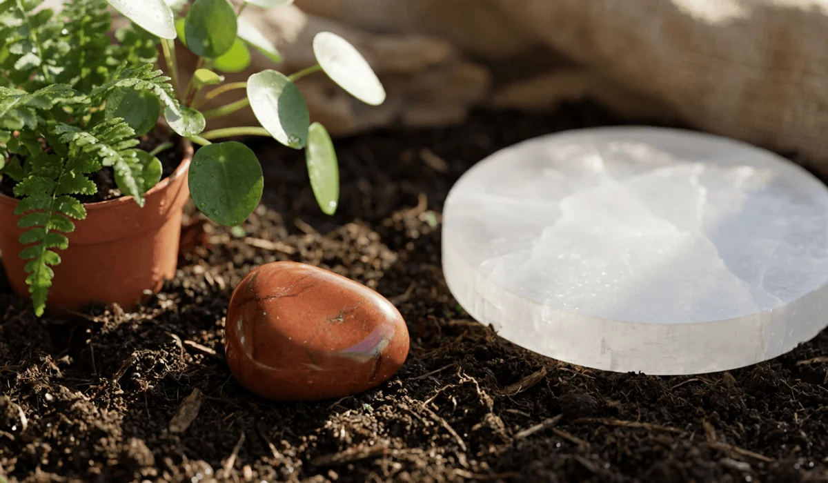 Red Jasper Crystal: Meaning, Spiritual Benefits, and Grounding Properties 4 - Buddha Bodhis Red jasper crystal resting on natural earth and a selenite plate for cleansing and charging.