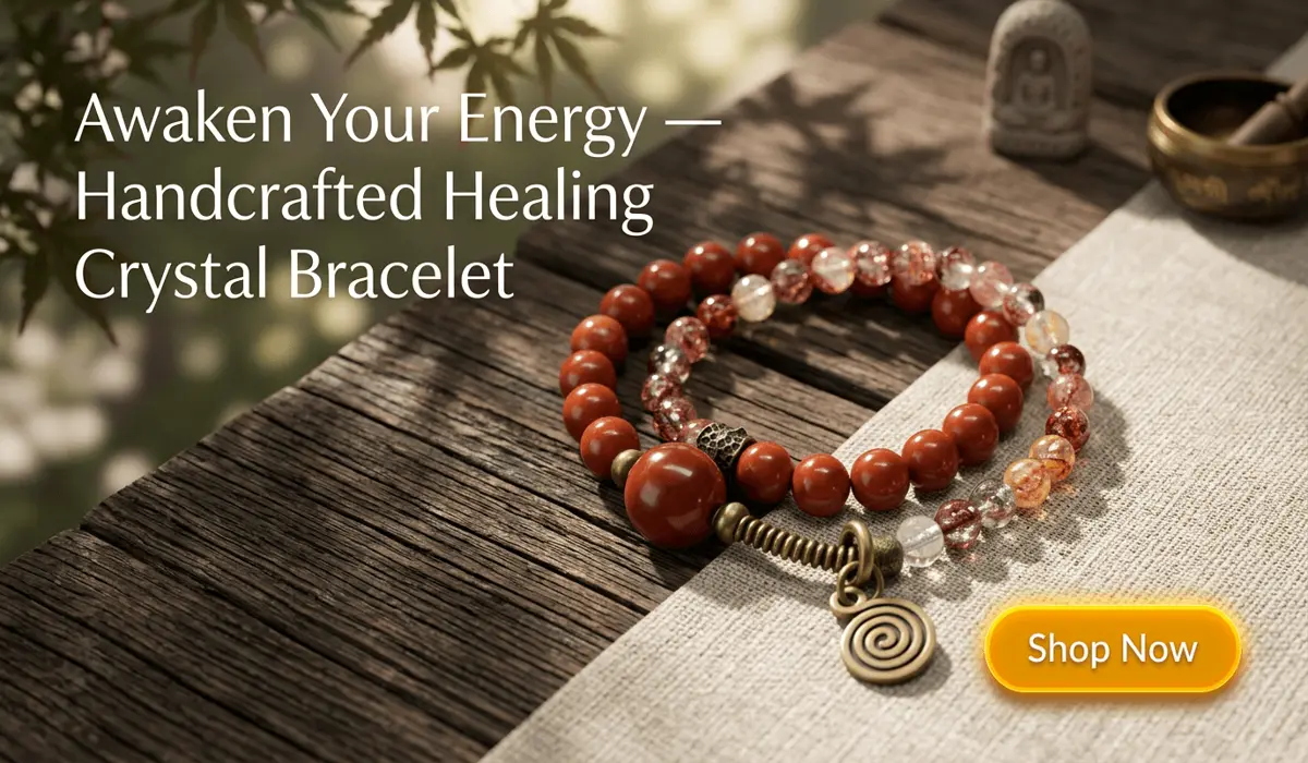 Red Jasper Crystal: Meaning, Spiritual Benefits, and Grounding Properties 1 - Buddha Bodhis Red Jasper and Red Phantom Quartz healing crystal bracelet with vintage bronze spiral charm for vitality and grounding energy