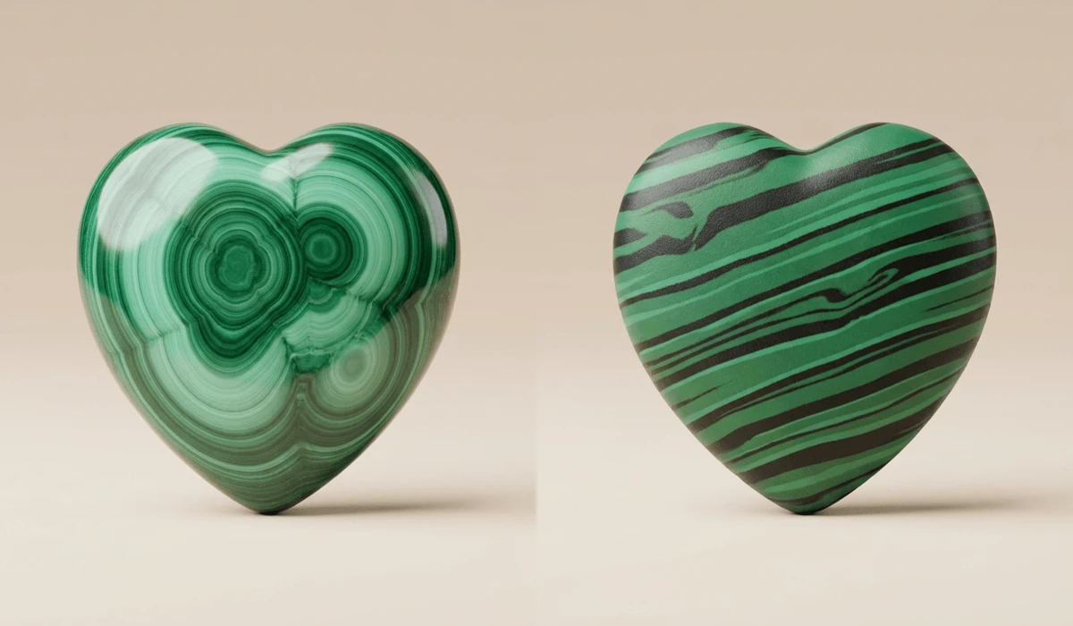 Real vs. Fake Malachite: How to Identify Genuine Stones & Spot Fakes - Buddha Bodhis Side-by-side comparison showing real malachite with natural green concentric swirls next to fake polymer clay malachite with harsh black stripes.