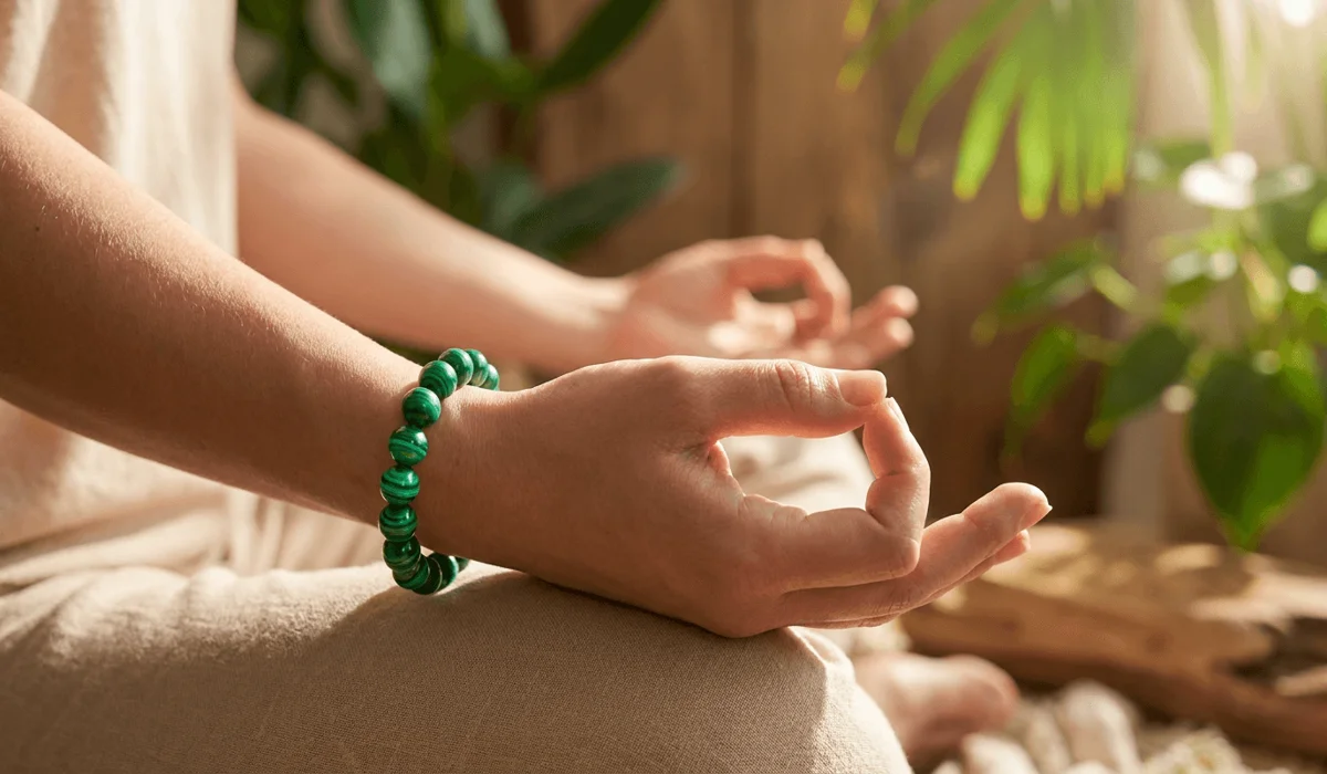 Real vs. Fake Malachite: How to Identify Genuine Stones & Spot Fakes 3 - Buddha Bodhis Genuine malachite beaded bracelet worn on the left wrist during a peaceful meditation and heart chakra alignment session.