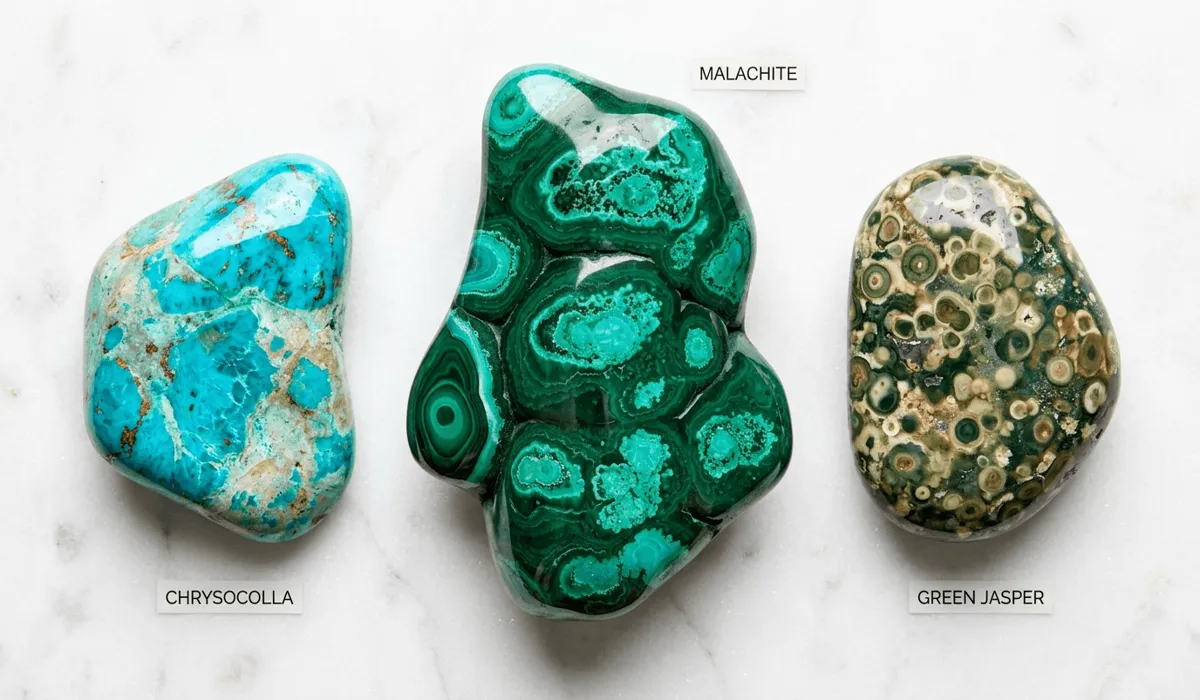 Real vs. Fake Malachite: How to Identify Genuine Stones & Spot Fakes 4 - Buddha Bodhis Visual comparison of genuine banded green malachite, cyan-blue chrysocolla, and speckled green jasper gemstones.