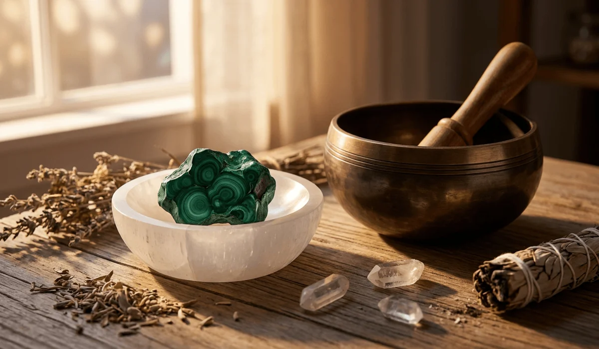 Real vs. Fake Malachite: How to Identify Genuine Stones & Spot Fakes 6 - Buddha Bodhis Genuine malachite stone placed on a selenite plate alongside a singing bowl for spiritual cleansing and energy charging.