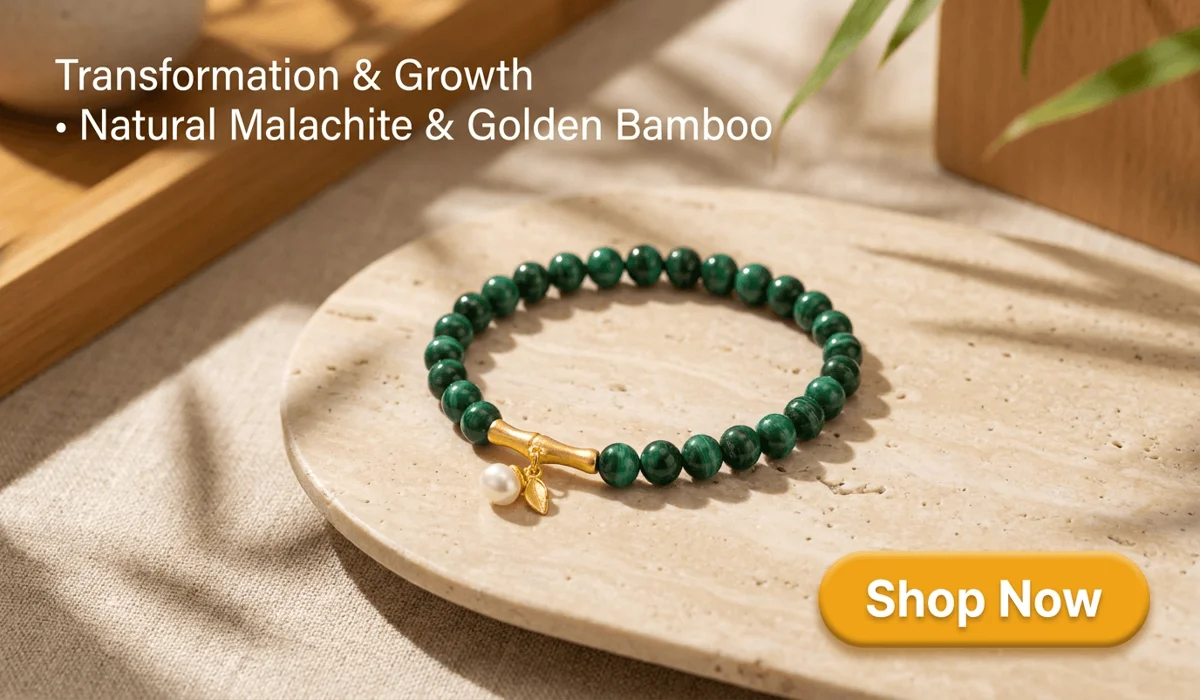 Real vs. Fake Malachite: How to Identify Genuine Stones & Spot Fakes 5 - Buddha Bodhis Natural 5mm Malachite and Golden Bamboo Bracelet with Pearl Pendant on Elegant Oriental Zen Background with Shop Now Button