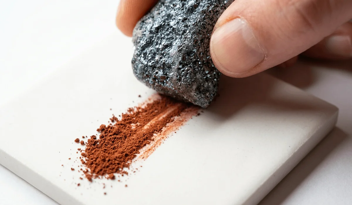 How to Tell If Hematite Is Real: Magnetism, Tests, and Authenticity - Buddha Bodhis A hand performing an unglazed ceramic streak test on a metallic hematite stone, showing a characteristic rust-red streak line.