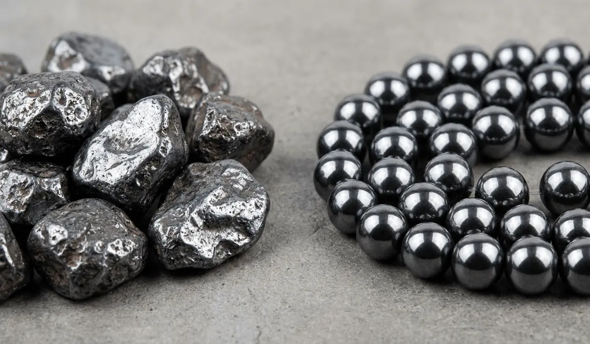 How to Tell If Hematite Is Real: Magnetism, Tests, and Authenticity 1 - Buddha Bodhis Side-by-side visual comparison of genuine non-magnetic natural hematite with synthetic magnetic hemalyke stones.