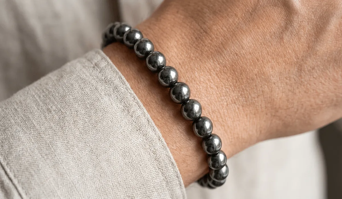How to Tell If Hematite Is Real: Magnetism, Tests, and Authenticity 3 - Buddha Bodhis Close-up of a person wearing a natural polished dark gunmetal hematite bead bracelet on their wrist.