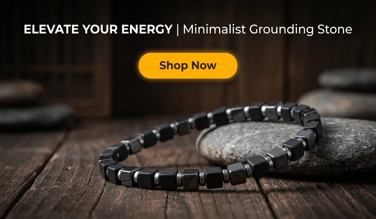 How to Tell If Hematite Is Real: Magnetism, Tests, and Authenticity 2 - Buddha Bodhis Natural Hematite Square Bead Bracelet on dark wood, featuring a minimalist grounding stone design with a Shop Now button for e-commerce blog.