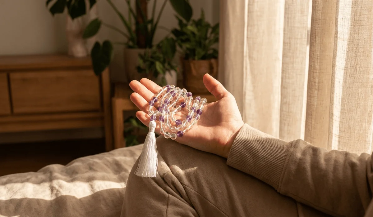 How to Tell If Your Gemstone Mala Is Real: A Guide to Spotting Glass and Plastic Beads 2 - Buddha Bodhis Person holding an authentic natural gemstone mala during a grounded Japa meditation session.
